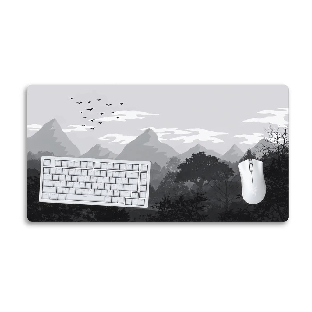 Mountain Forest Desk Mat — Monochrome Scenic Desk Pad for Home Office