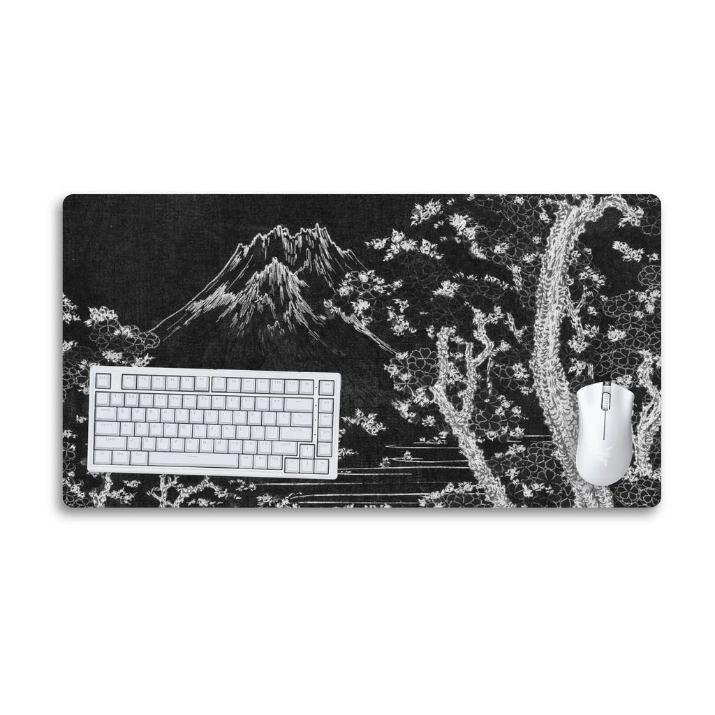 Black Sakura Desk Mat — Japanese Mountain Cherry Blossom Desk Pad