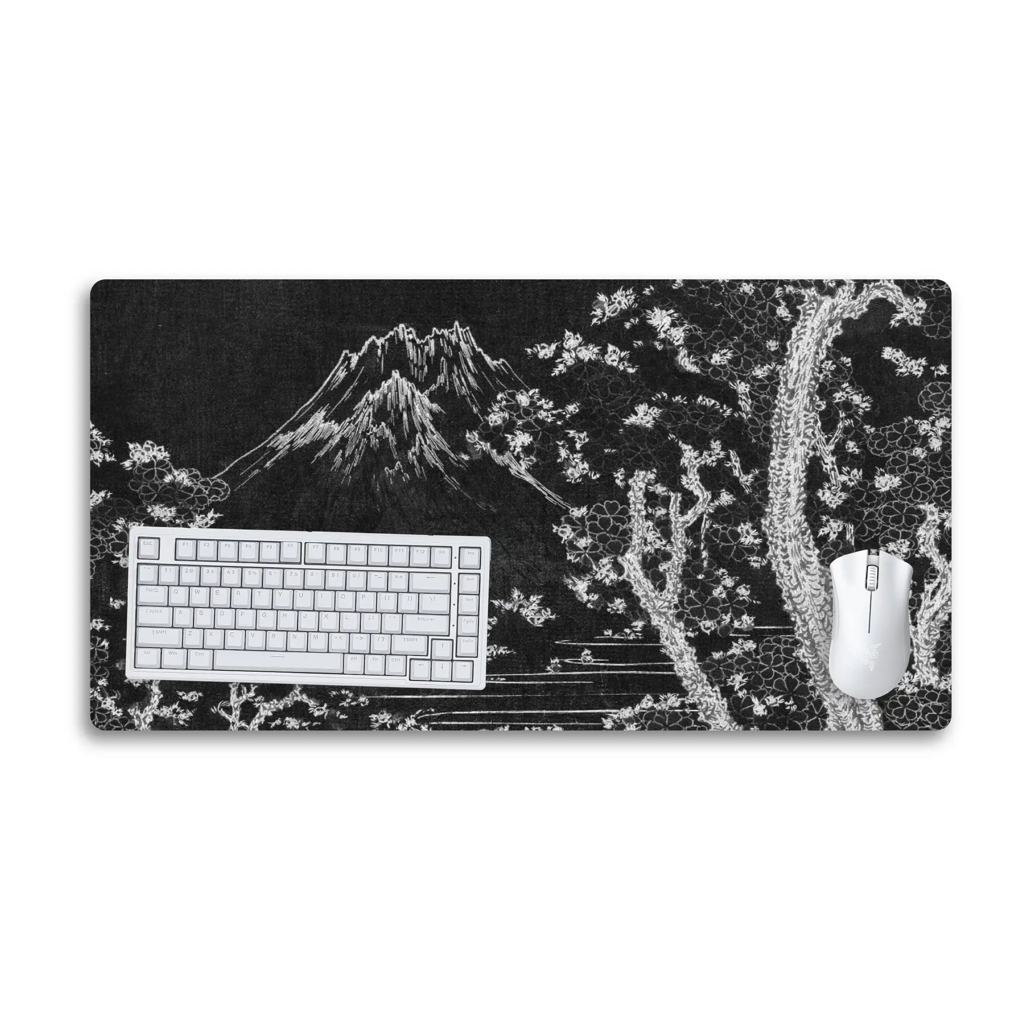 Black Sakura Desk Mat — Japanese Mountain Cherry Blossom Desk Pad