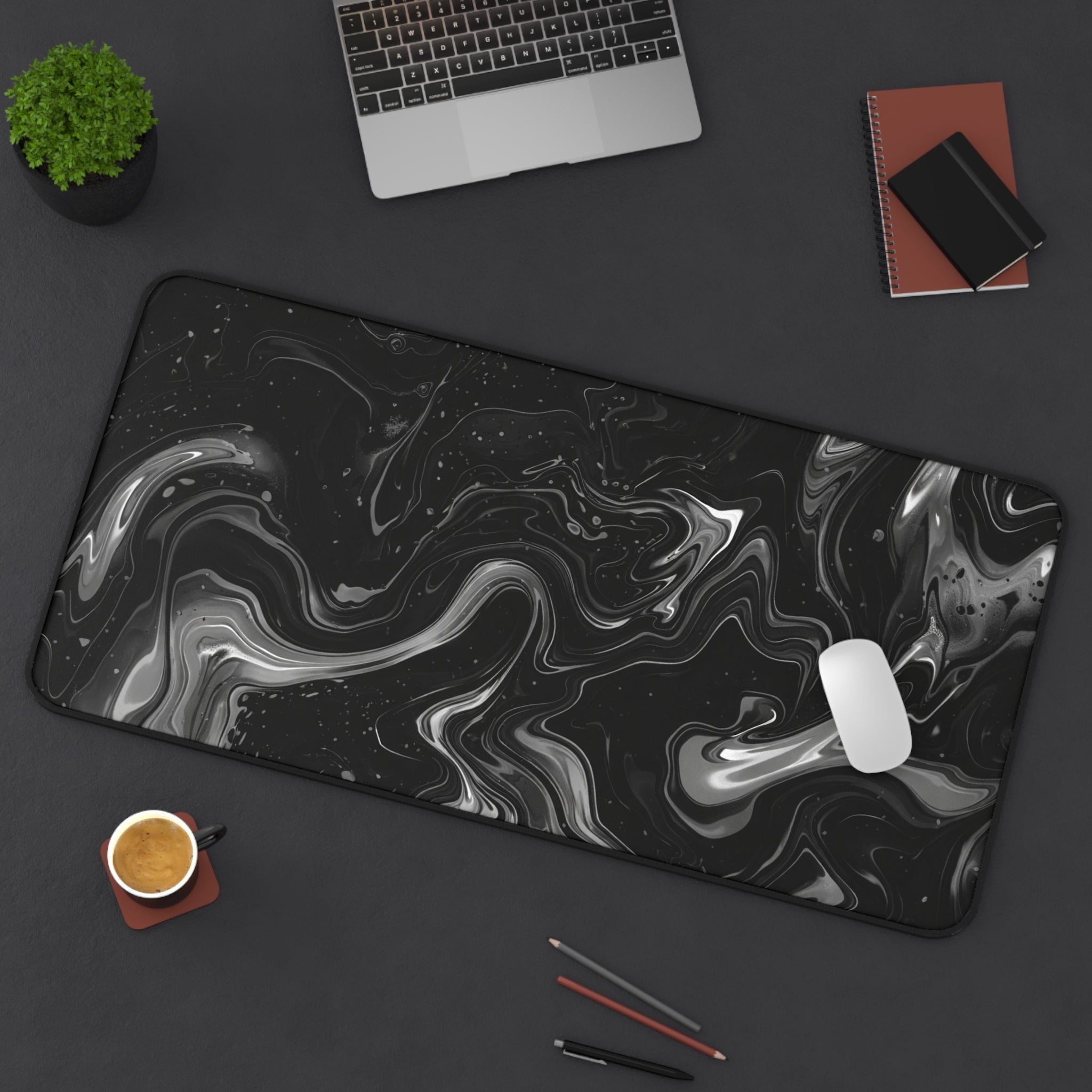 Black Marble Desk Mat — Large Swirl Gaming/Office Mouse Pad