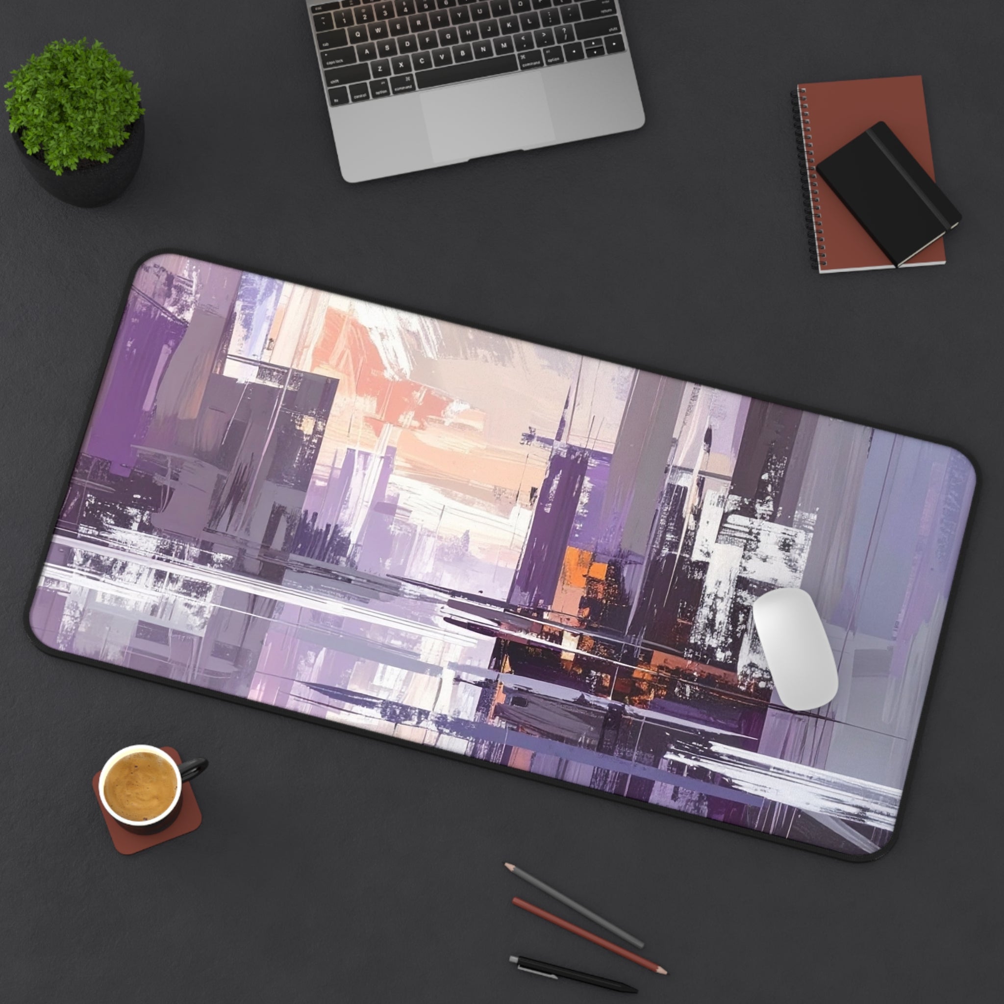 Cityscape Abstract Desk Mat — Purple Urban Art Mousepad for Office & Gaming