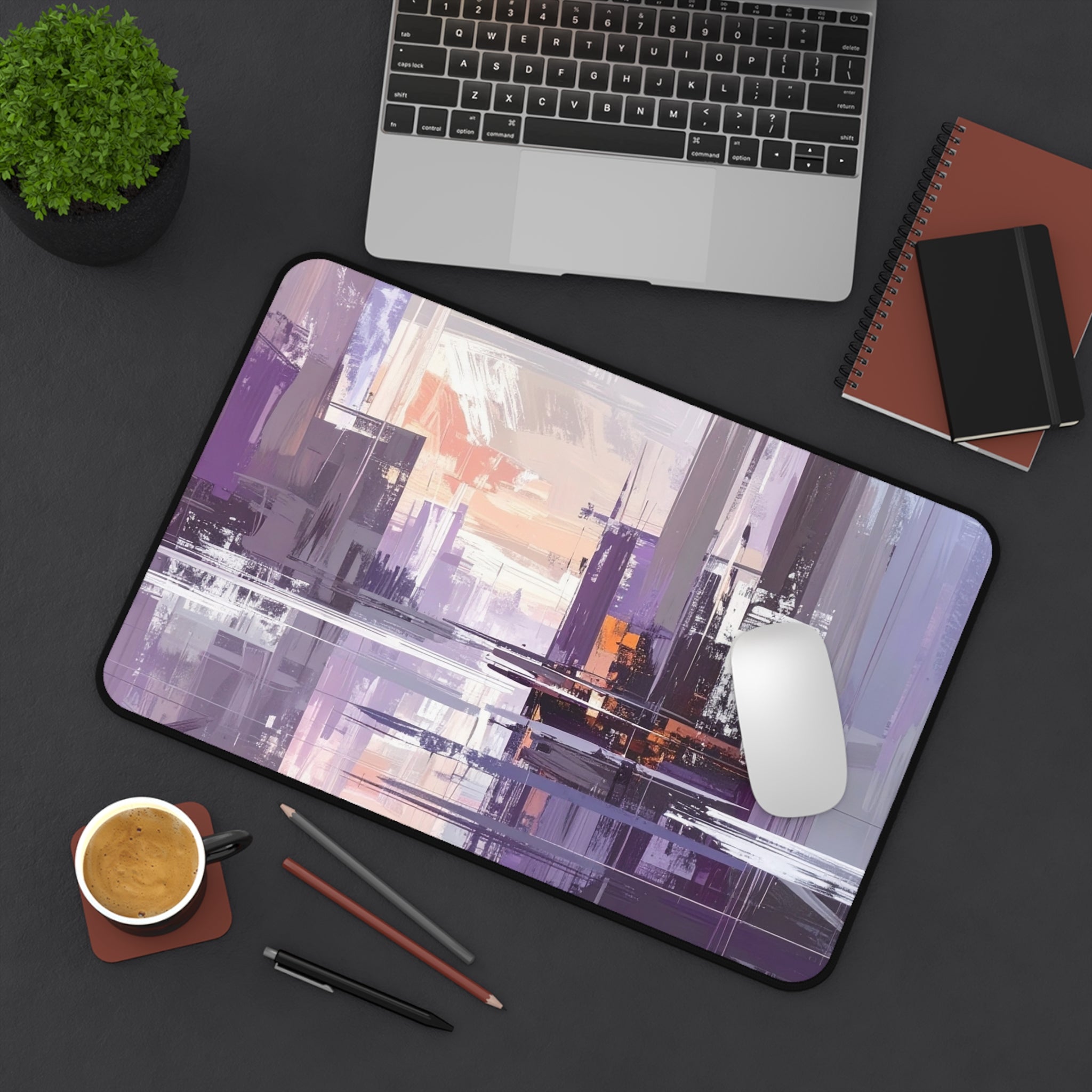 Cityscape Abstract Desk Mat — Purple Urban Art Mousepad for Office & Gaming