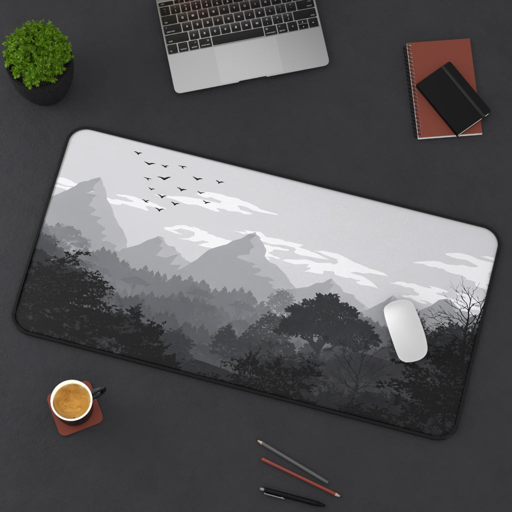 Mountain Forest Desk Mat — Monochrome Scenic Desk Pad for Home Office