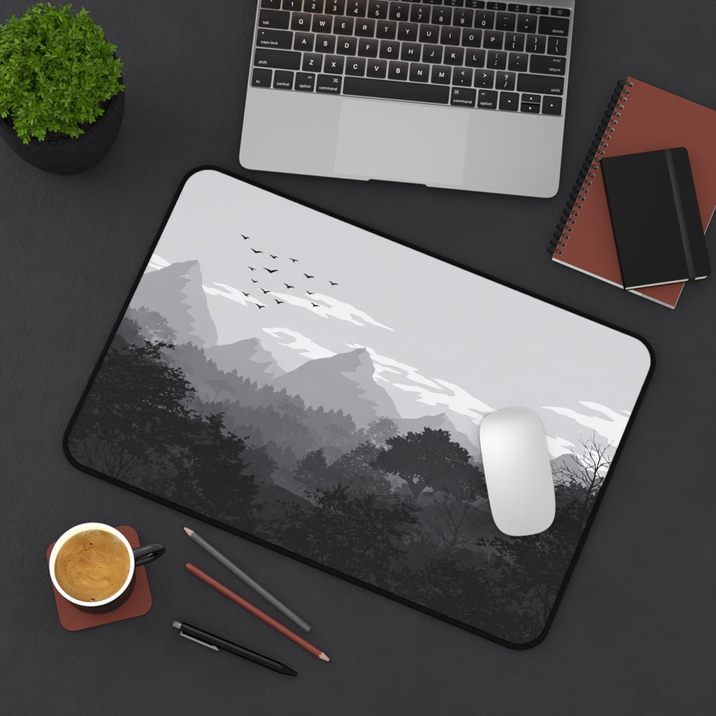 Mountain Forest Desk Mat — Monochrome Scenic Desk Pad for Home Office