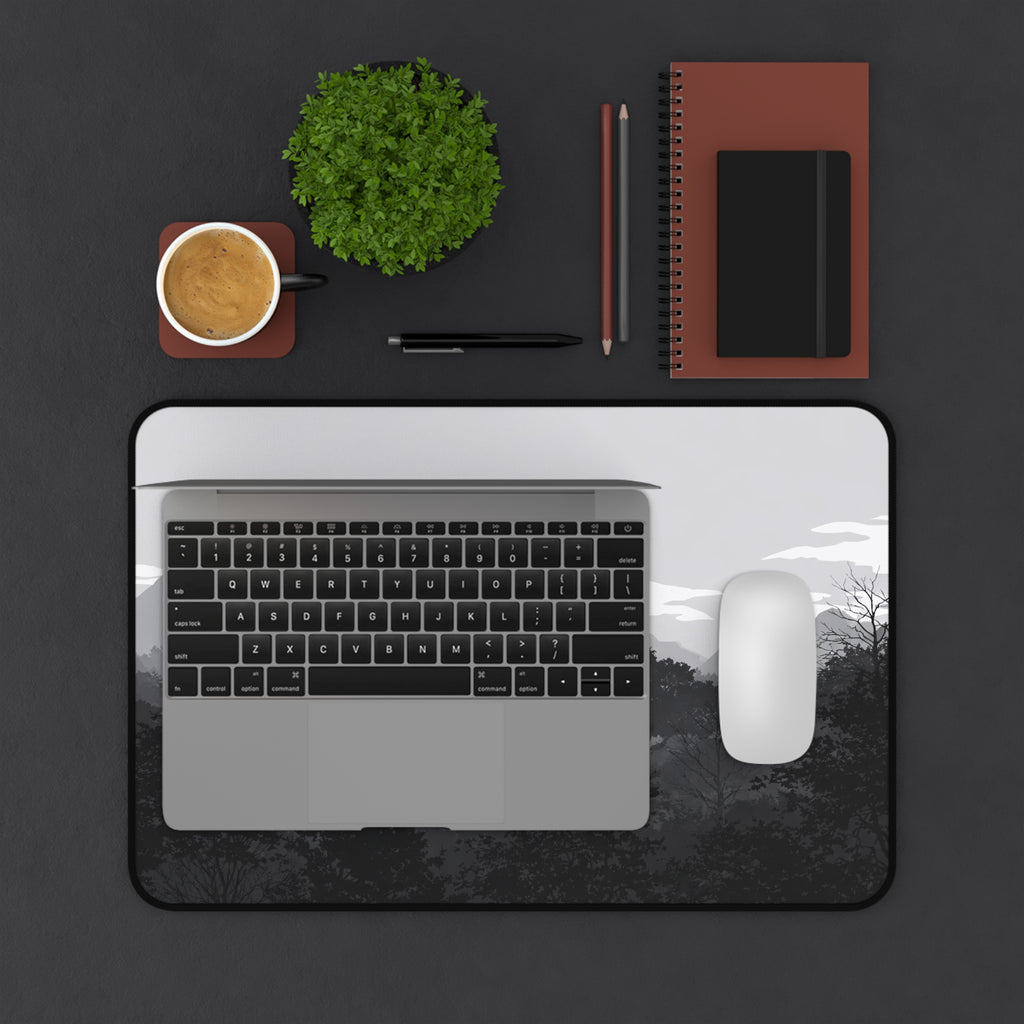 Mountain Forest Desk Mat — Monochrome Scenic Desk Pad for Home Office