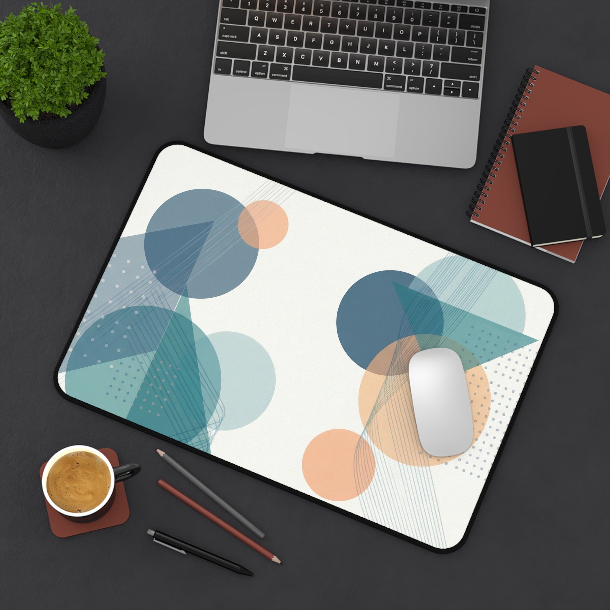 Abstract Geometric Desk Mat — Midcentury Circles & Triangles Mouse Pad