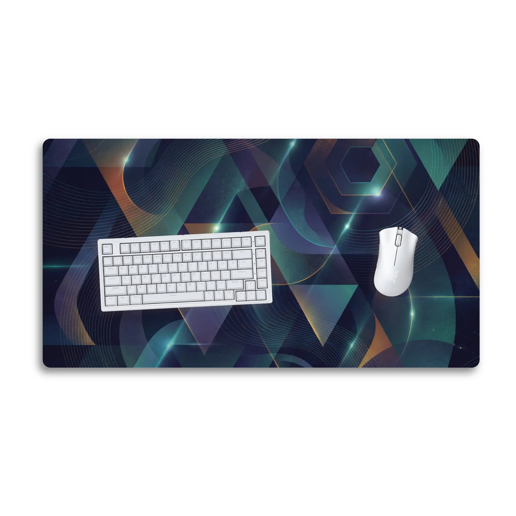 Abstract Geometric Desk Mat — Futuristic Teal & Gold Gaming Mousepad