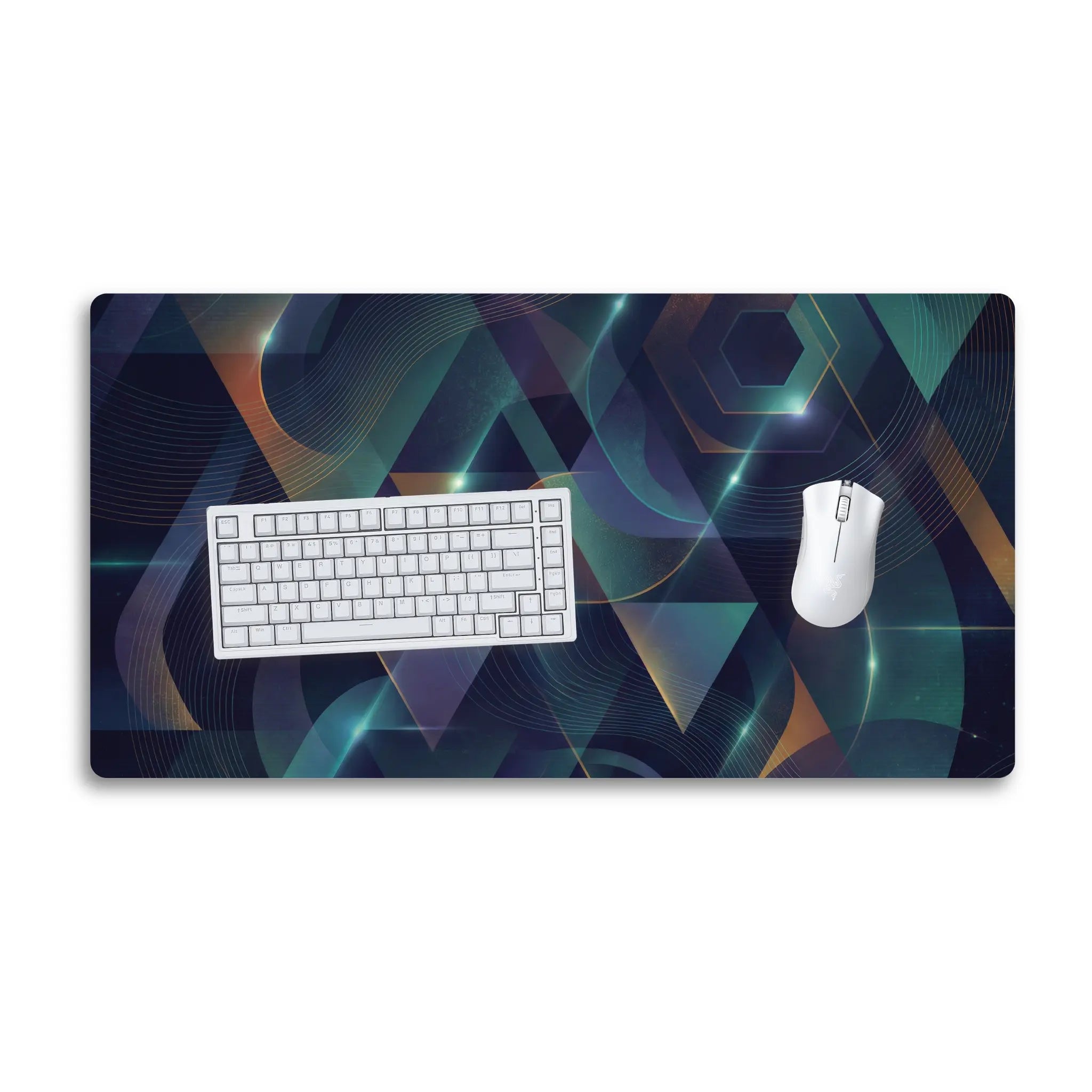 Abstract Geometric Desk Mat — Futuristic Teal & Gold Gaming Mousepad