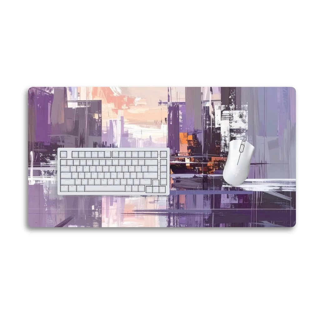 Cityscape Abstract Desk Mat — Purple Urban Art Mousepad for Office & Gaming