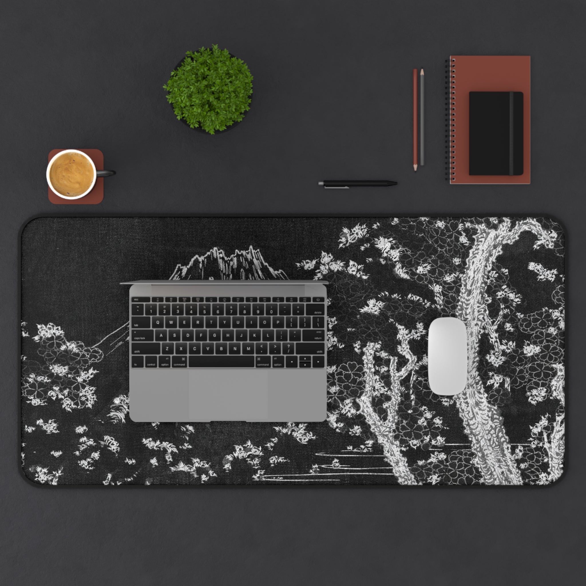 Black Sakura Desk Mat — Japanese Mountain Cherry Blossom Desk Pad