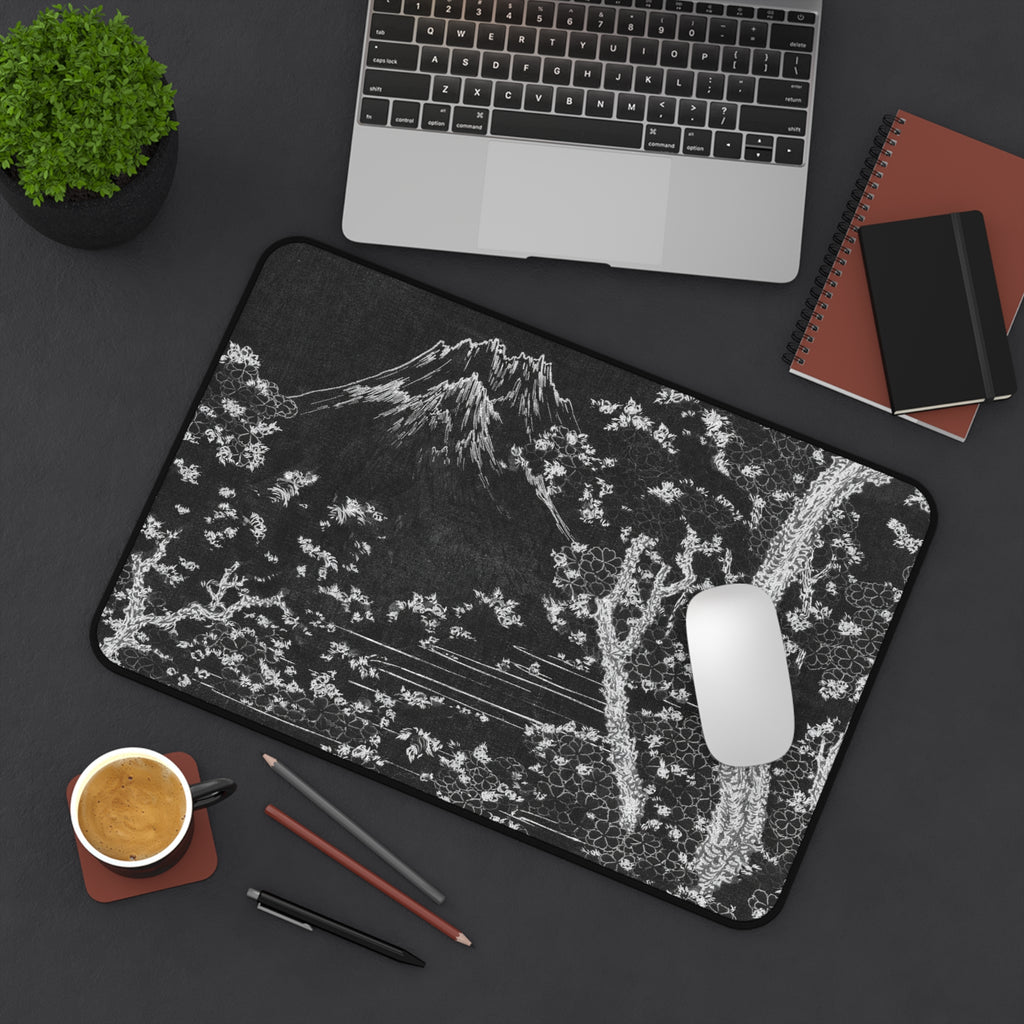 Black Sakura Desk Mat — Japanese Mountain Cherry Blossom Desk Pad
