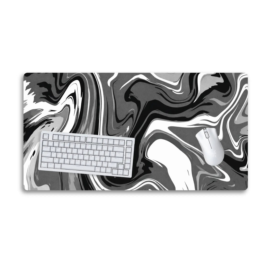 Marble Swirl Desk Mat — Black & White Abstract Mouse Pad