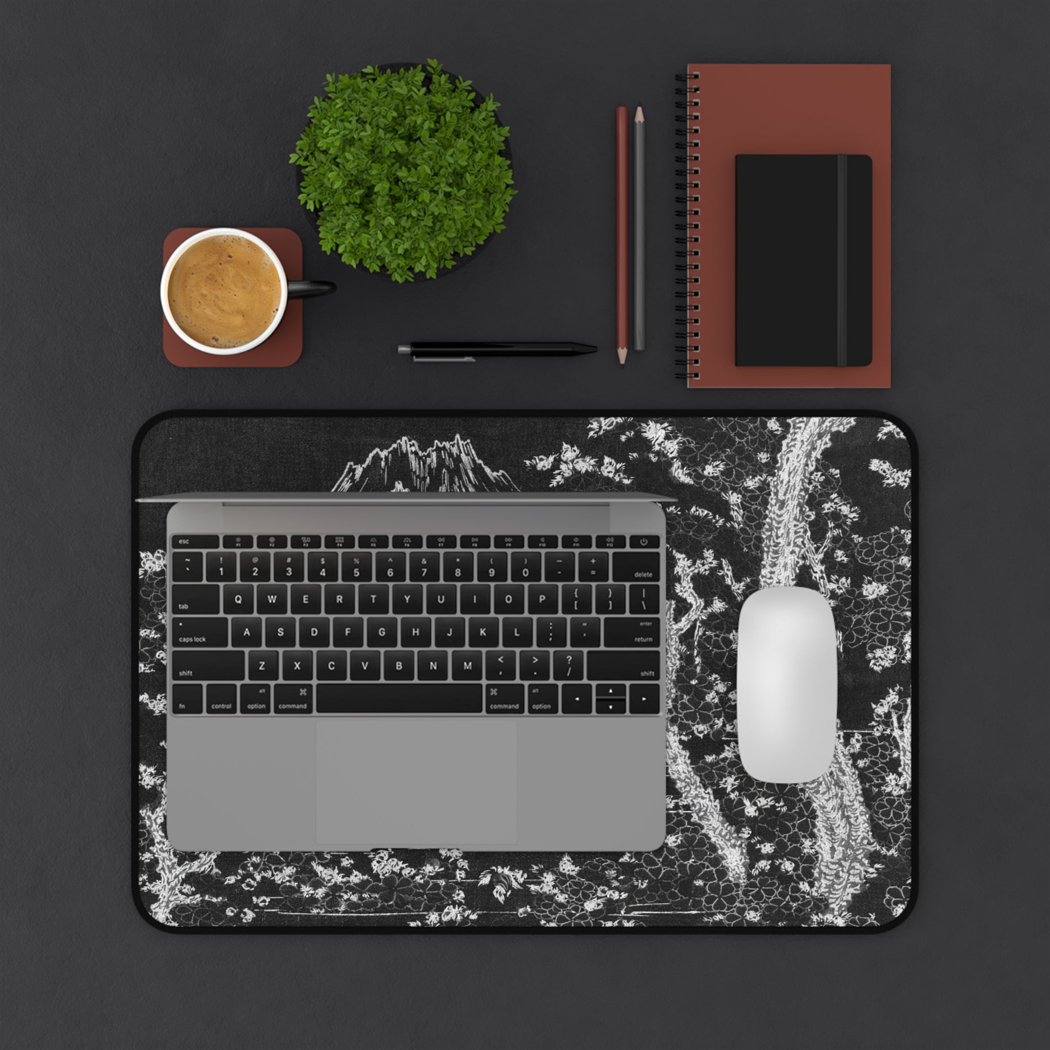 Black Sakura Desk Mat — Japanese Mountain Cherry Blossom Desk Pad
