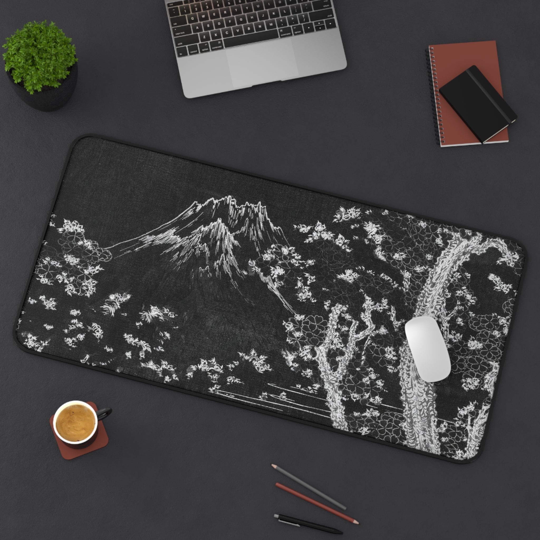 Black Sakura Desk Mat — Japanese Mountain Cherry Blossom Desk Pad