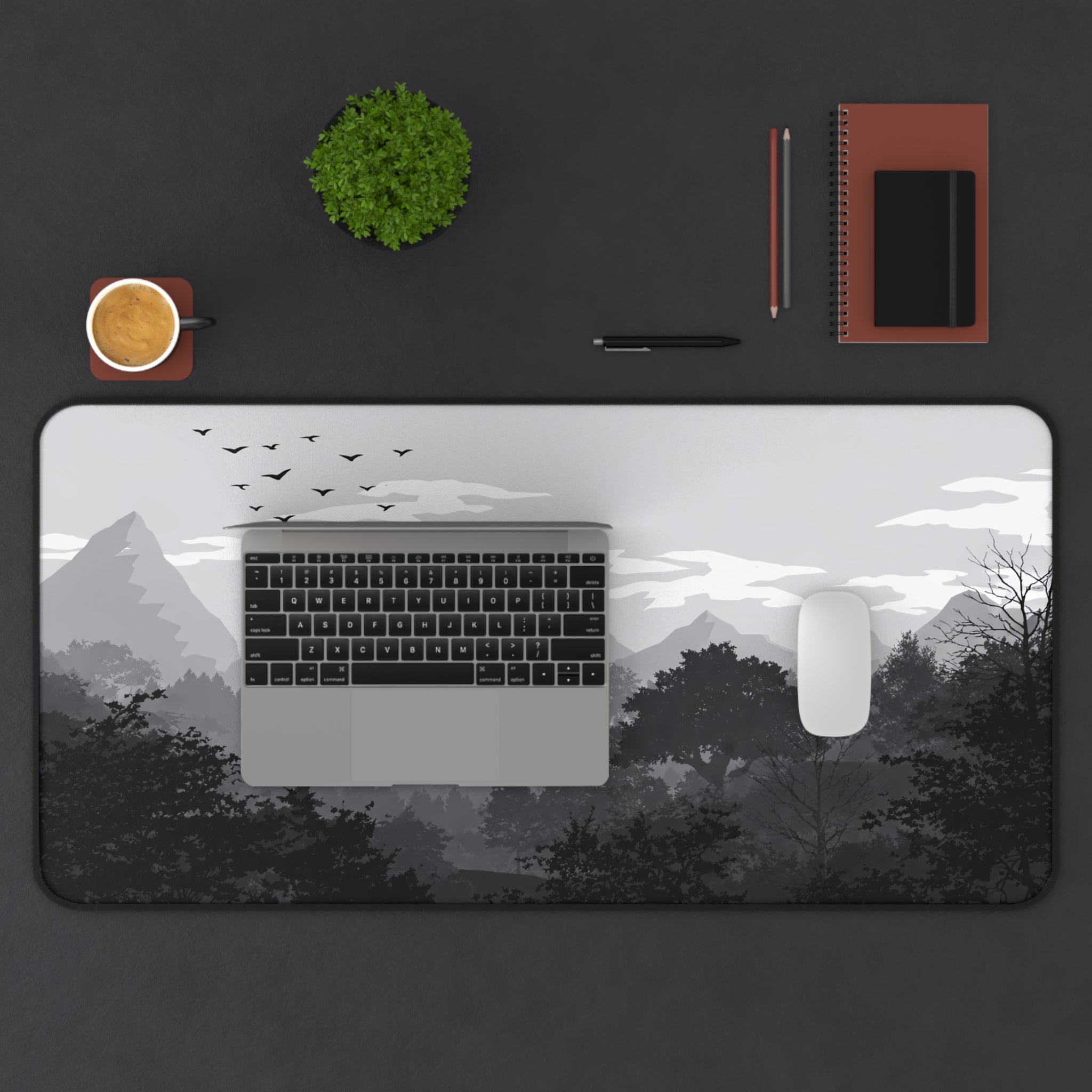 Mountain Forest Desk Mat — Monochrome Scenic Desk Pad for Home Office