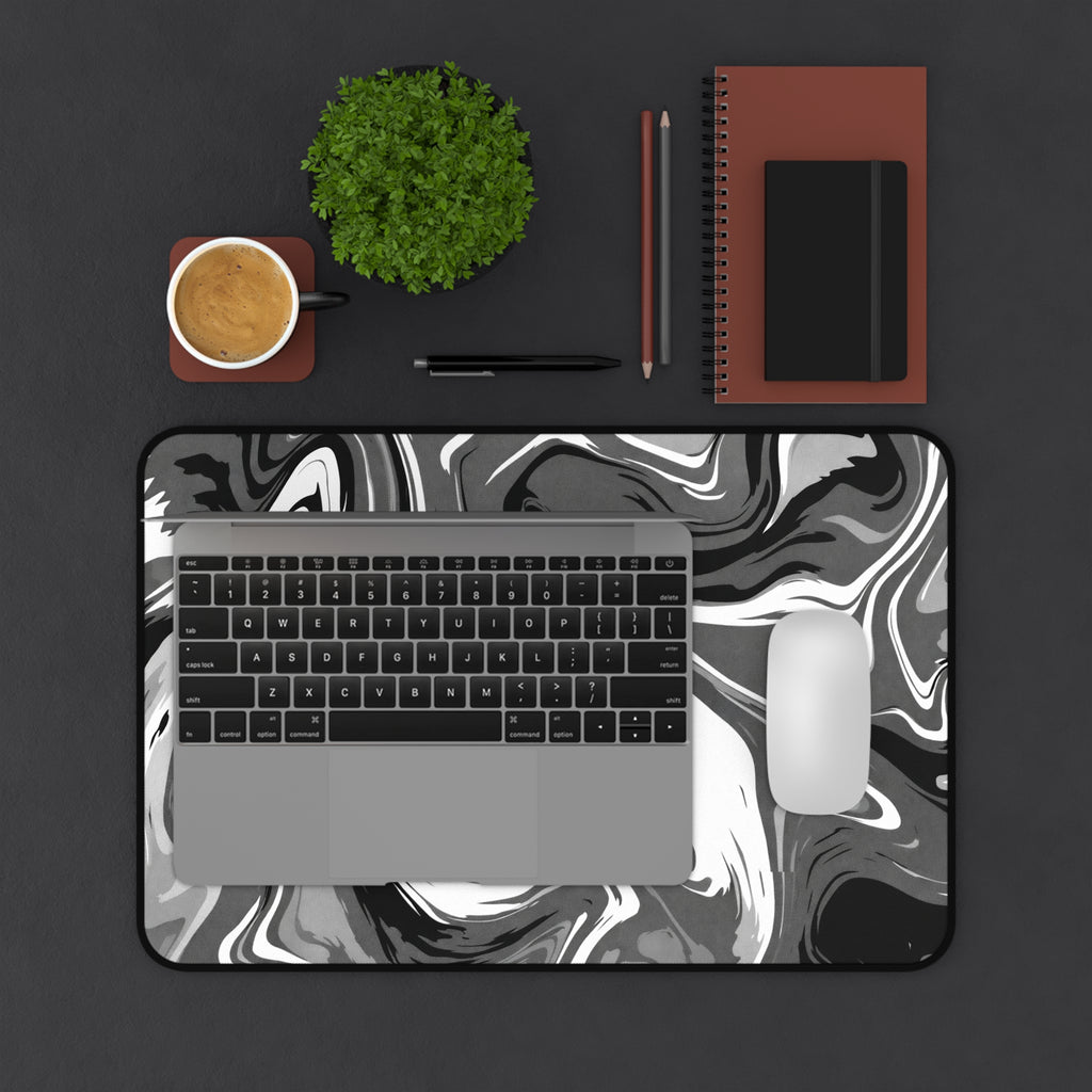 Marble Swirl Desk Mat — Black & White Abstract Mouse Pad
