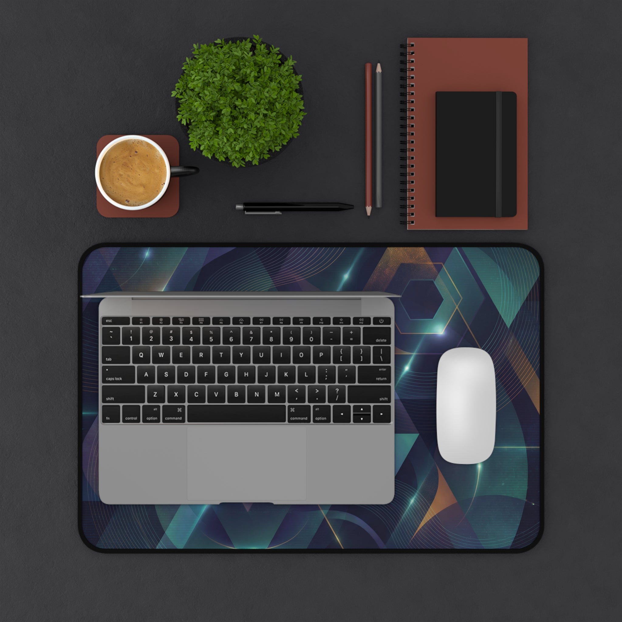 Abstract Geometric Desk Mat — Futuristic Teal & Gold Gaming Mousepad