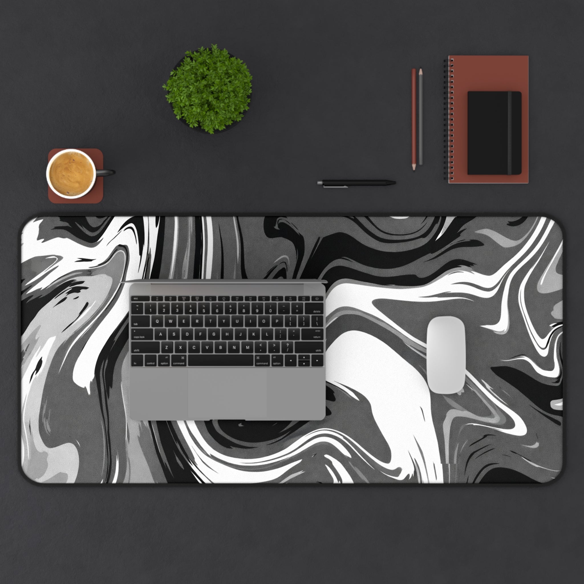 Marble Swirl Desk Mat — Black & White Abstract Mouse Pad