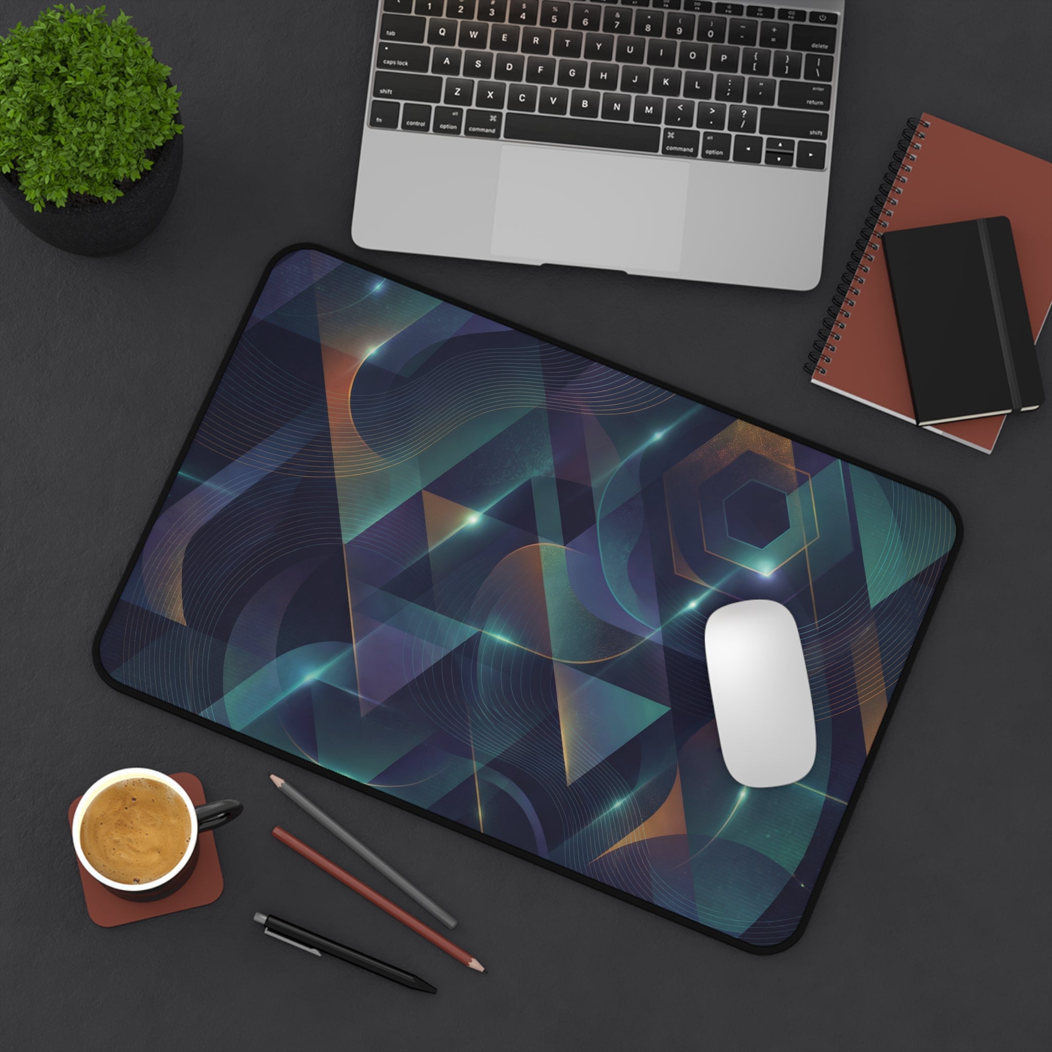 Abstract Geometric Desk Mat — Futuristic Teal & Gold Gaming Mousepad