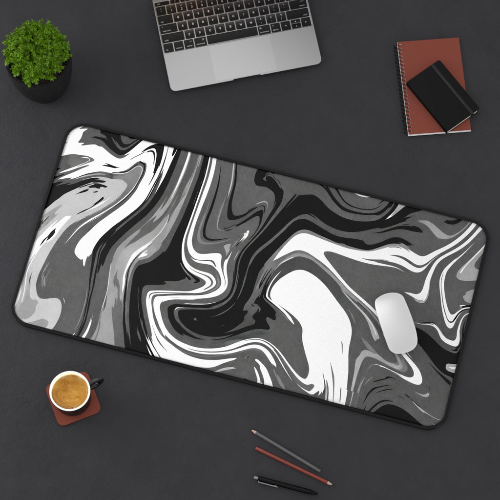 Marble Swirl Desk Mat — Black & White Abstract Mouse Pad