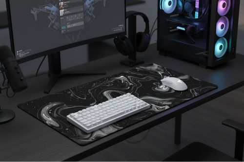 Marble deskmat with gaming PC setup