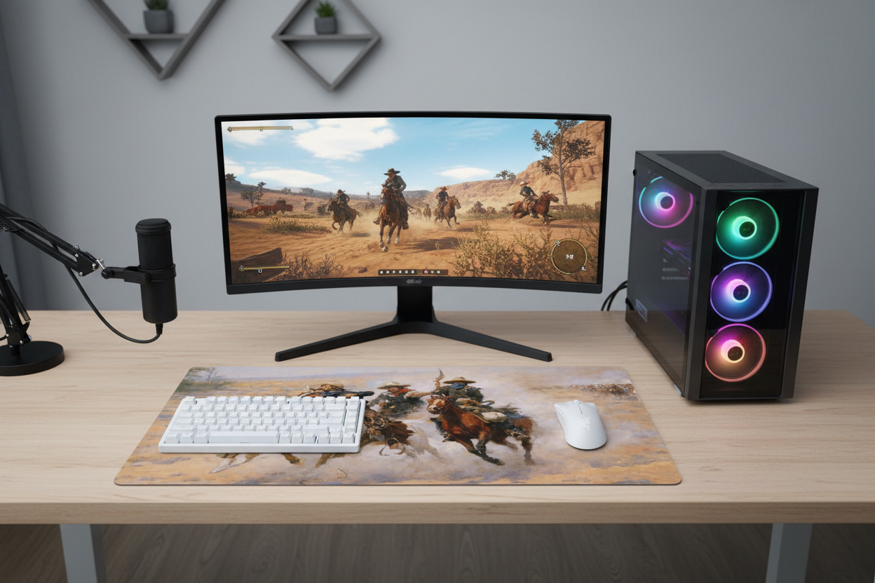 Western cowboy deskmat with gaming PC